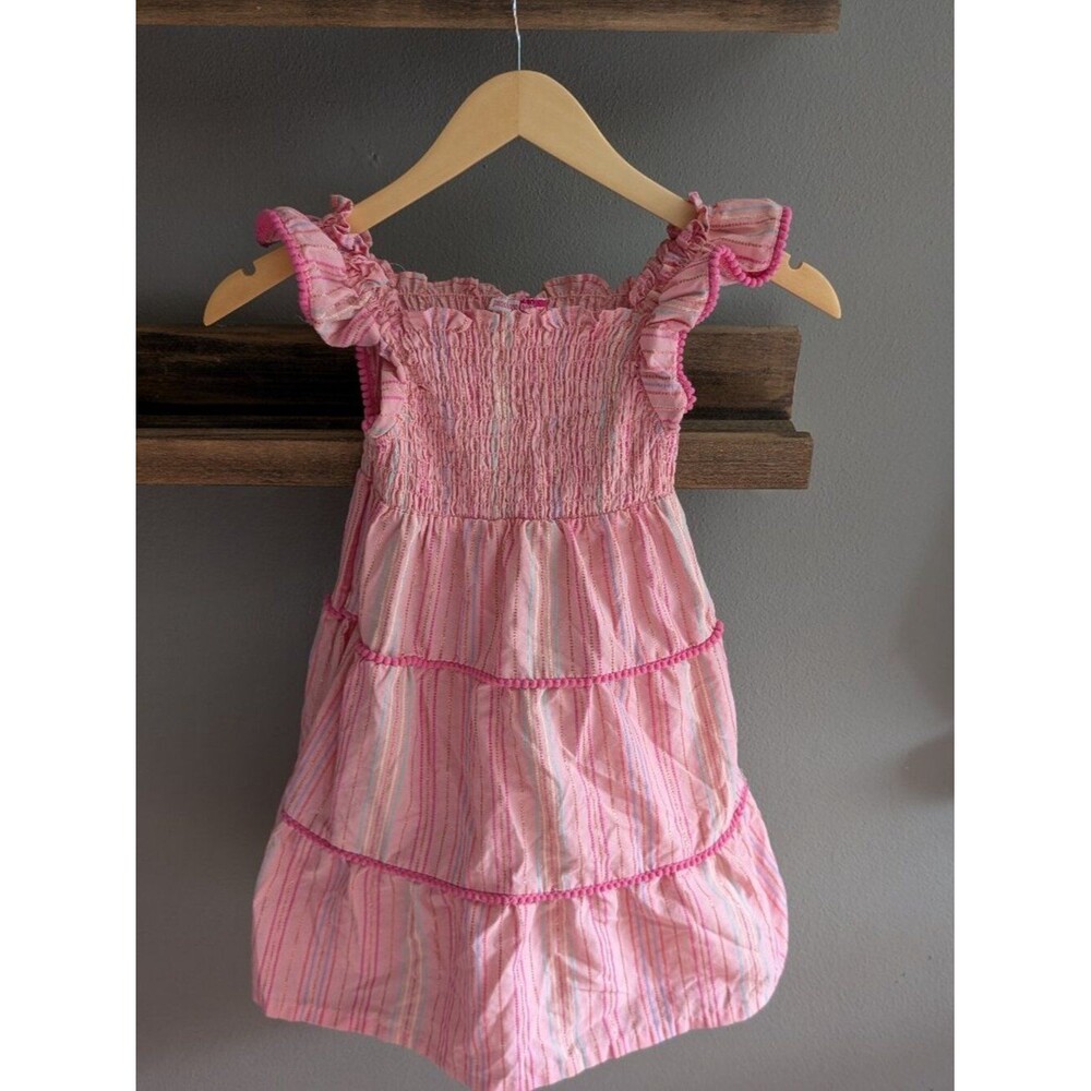 Penelope Mack Girls Pink Striped Smocked Tiered Dress Pom Pom Trim Size 6